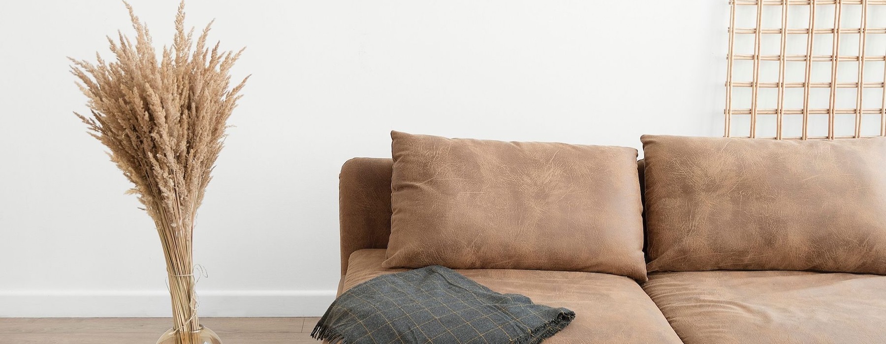 living room with a throw on a couch beside a large floor vase with a plant in it